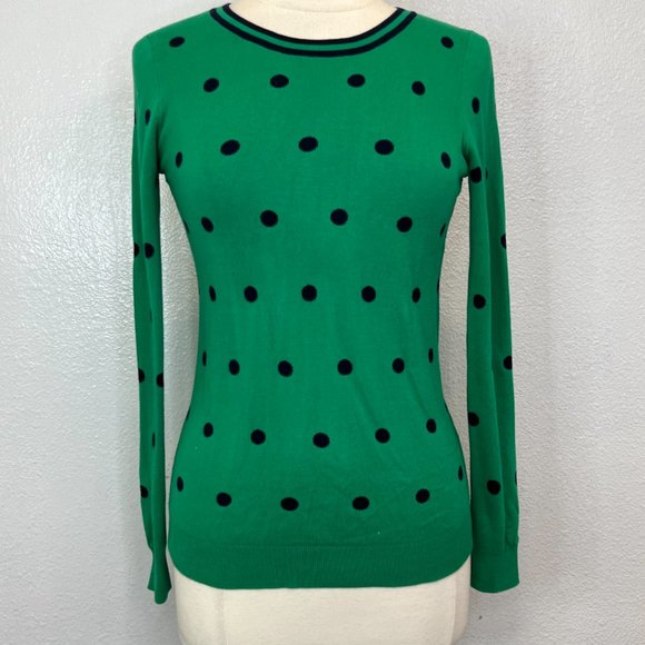 J. Crew Women’s Crew Neck Pullover Sweater Green with Navy Polka Dot XS - Picture 2 of 7